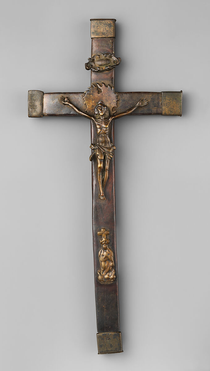Crucifix, Solid cast brass (Christ), solid cast copper alloy (halo); hollow cast bronze (three end pieces), brass sheet (one end piece), solid cast copper alloy (Mary); forged copper and brass (nails), wood, Kongo peoples; Kongo Kingdom 