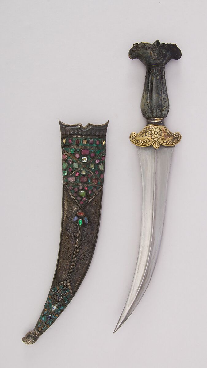 Dagger (Jambiya) with Sheath, Steel, jade, gold, brass, gemstone, Turkish