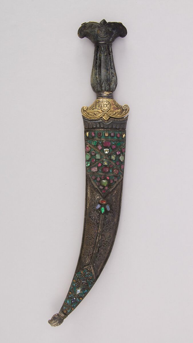 Dagger (Jambiya) with Sheath, Steel, jade, gold, brass, gemstone, Turkish