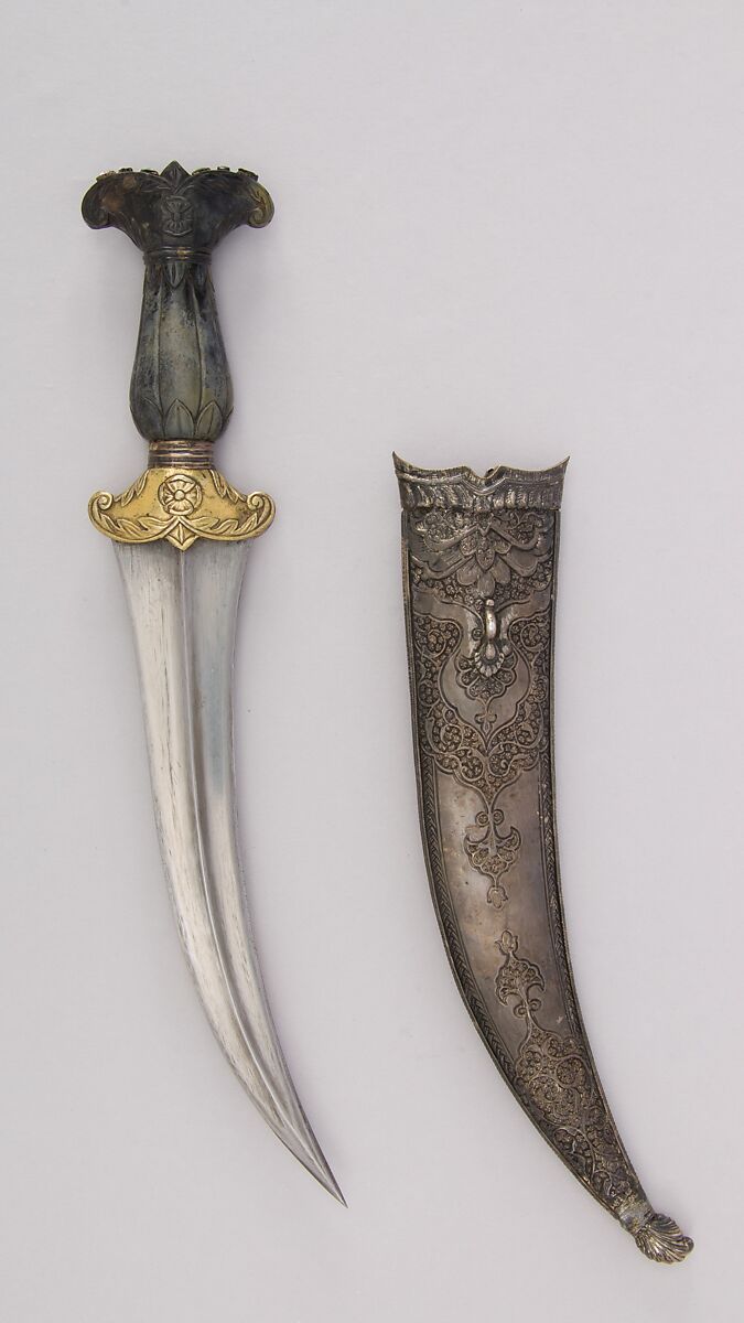 Dagger (Jambiya) with Sheath, Steel, jade, gold, brass, gemstone, Turkish 