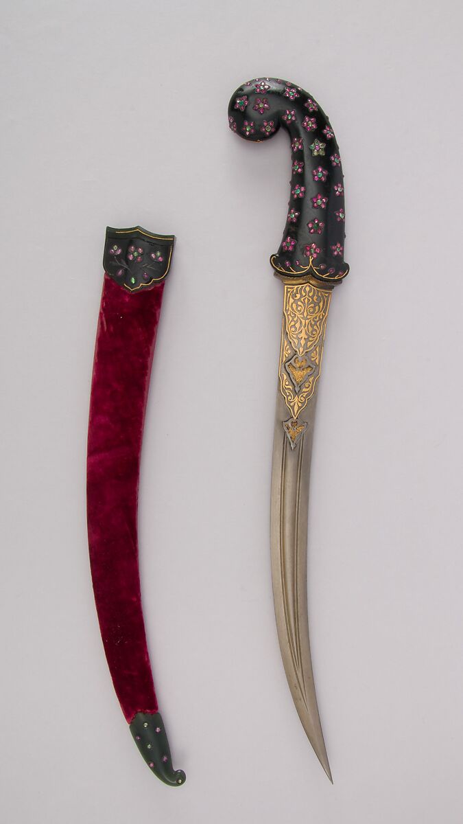 Dagger (Jambiya) with Sheath, Steel, jade, gold, velvet, gemstone, Ottoman 