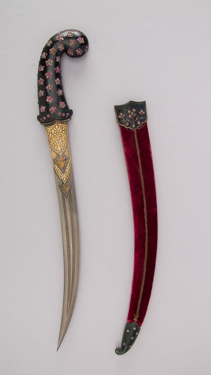 Dagger (Jambiya) with Sheath, Steel, jade, gold, velvet, gemstone, Ottoman