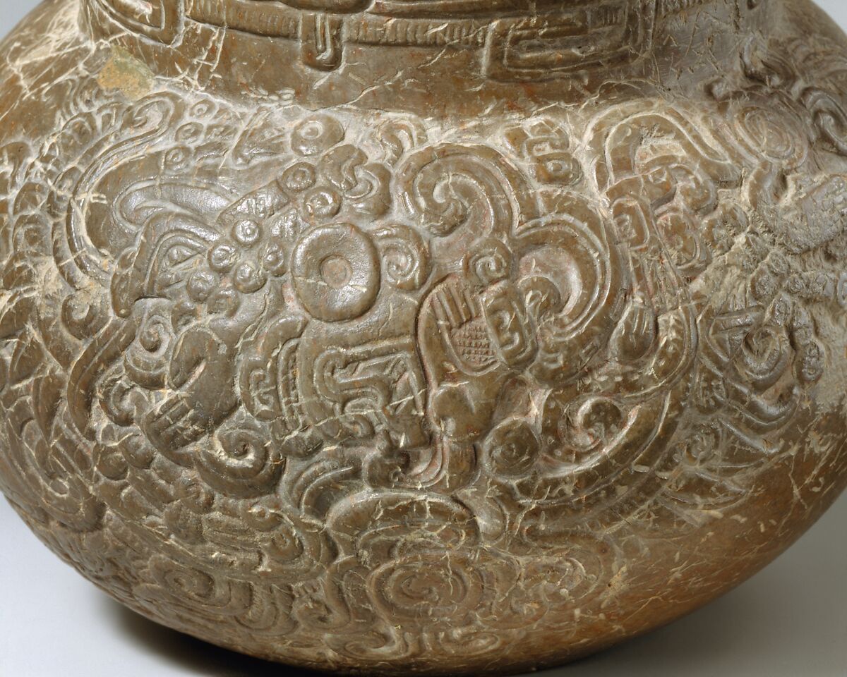 Engraved spouted jar, Maya artist(s), Indurated limestone, Maya