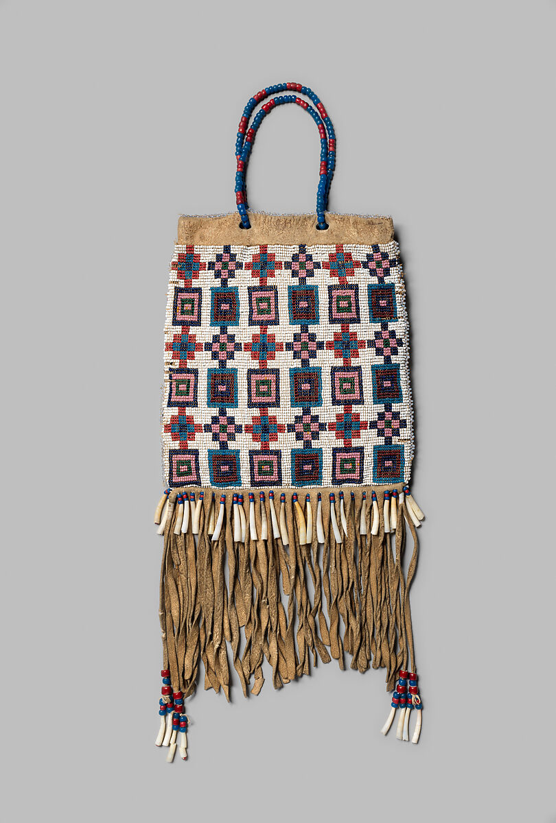 Beaded Leather Bag, Leather, cloth, glass beads, shells, Wasco or Wishram 