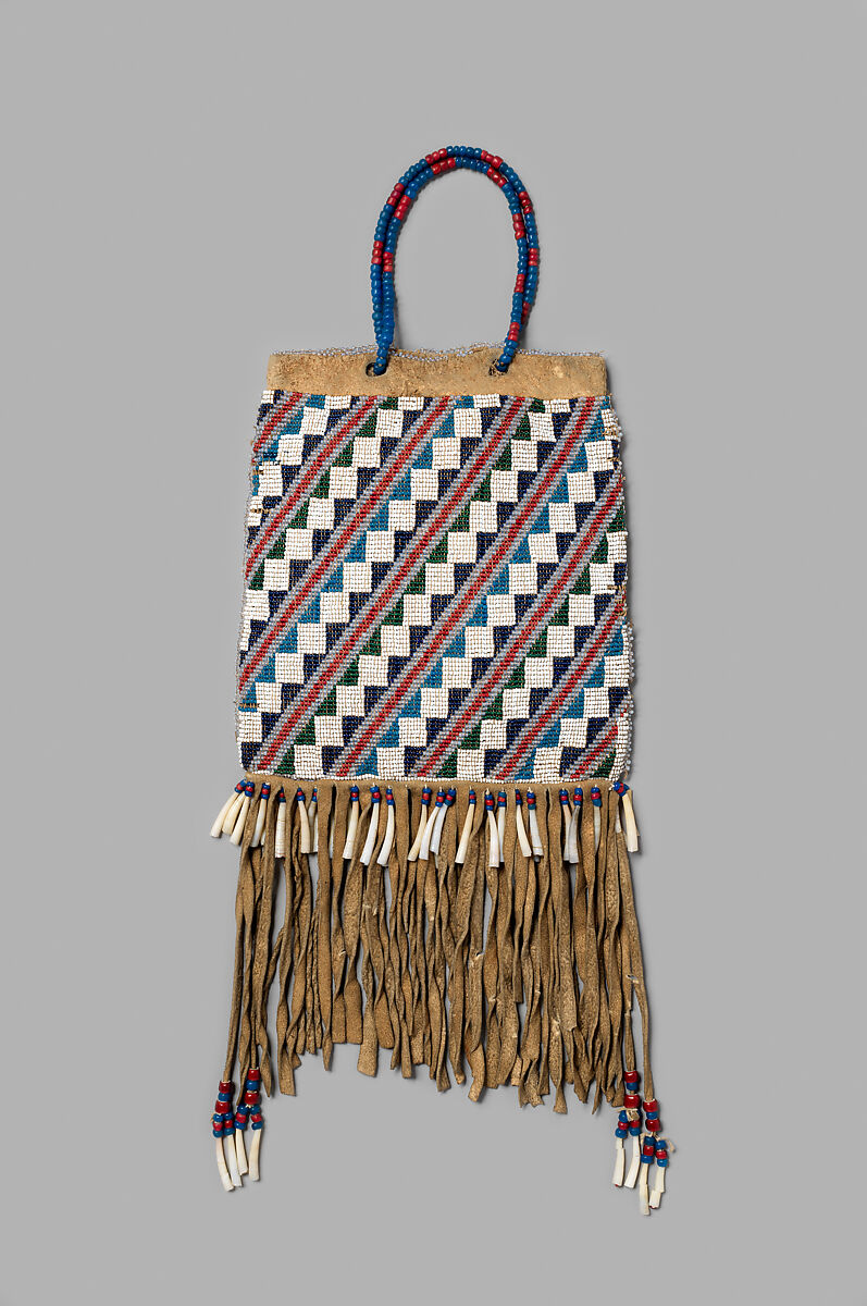 Beaded Leather Bag, Leather, cloth, glass beads, shells, Wasco or Wishram