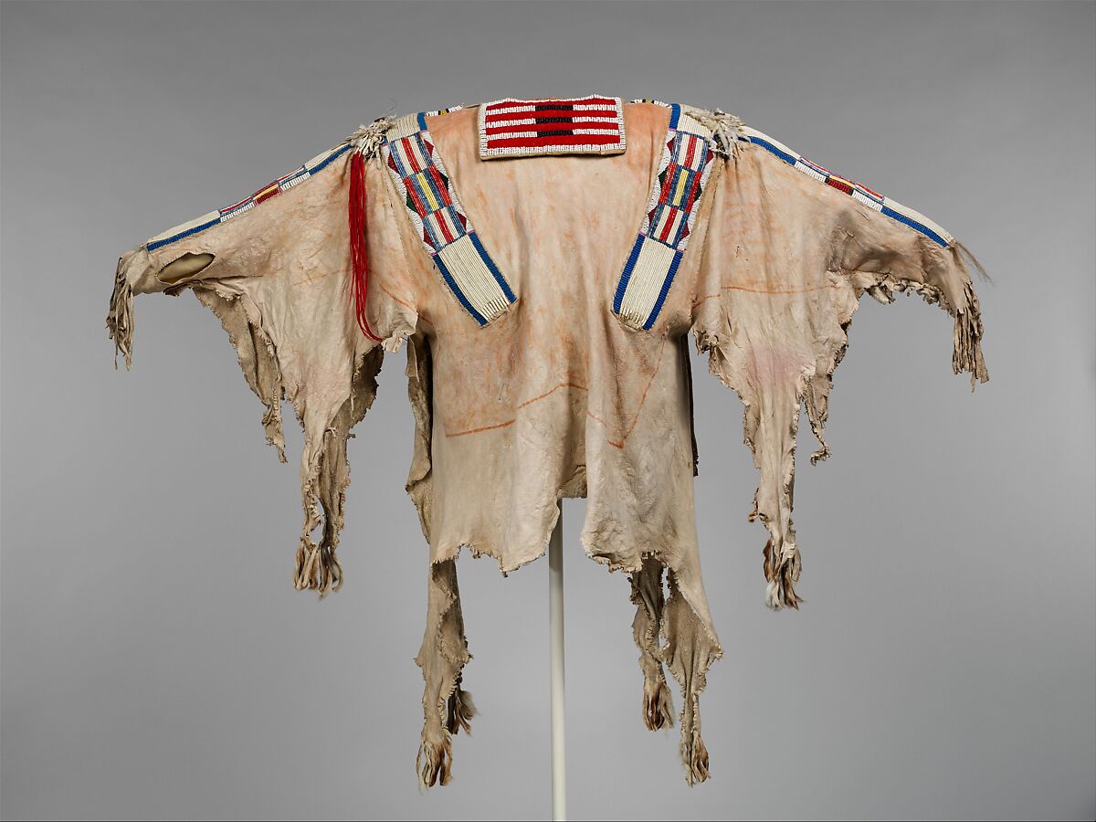 Man's Shirt, Native-tanned skin, factory-woven cloth, porcupine quill, glass beads, horsehair, wool yarn, ermine, Crow 