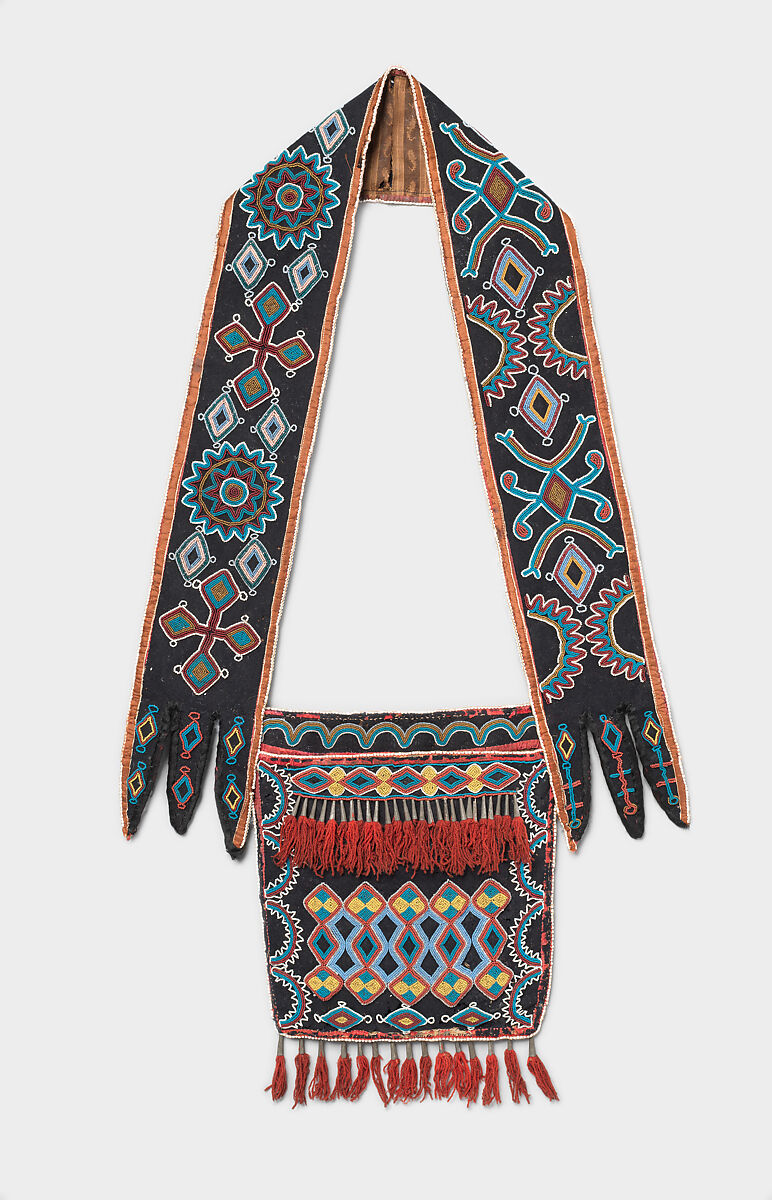Shoulder bag, Delaware Artist  Native American, Wool cloth, cotton cloth, wool yarn, glass beads, silk cloth, silk ribbon, and metal cones, Delaware