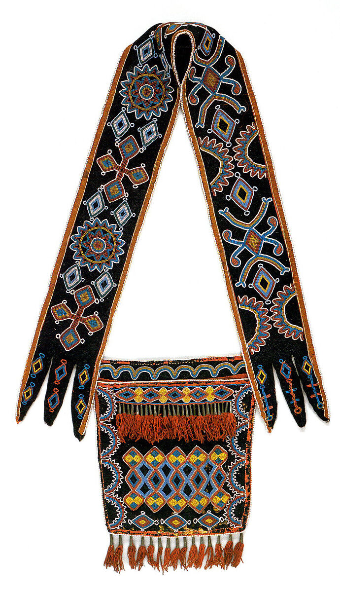 Shoulder bag, Delaware Artist, Wool cloth, cotton cloth, wool yarn, glass beads, silk cloth, silk ribbon, and metal cones, Delaware