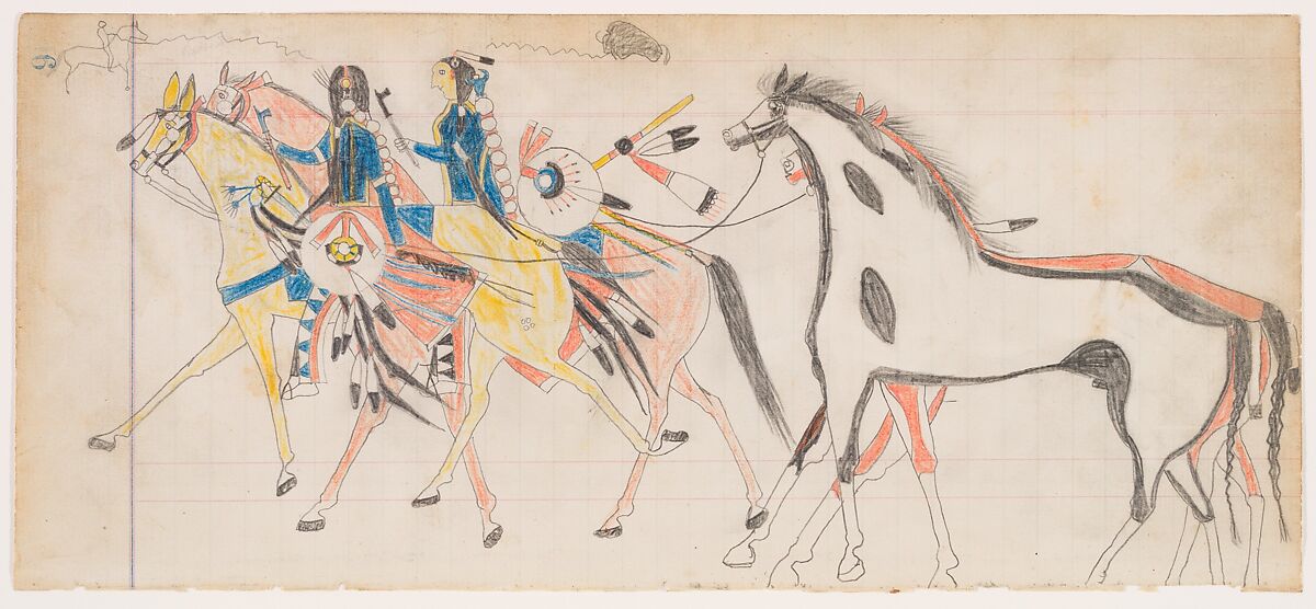 Two Riders Leading Horses (Henderson Ledger Artist B), Frank Henderson (Native American, Hinono&#39;eiteen (Arapaho), 1862–1885), Pencil, colored pencil on paper, Arapaho 