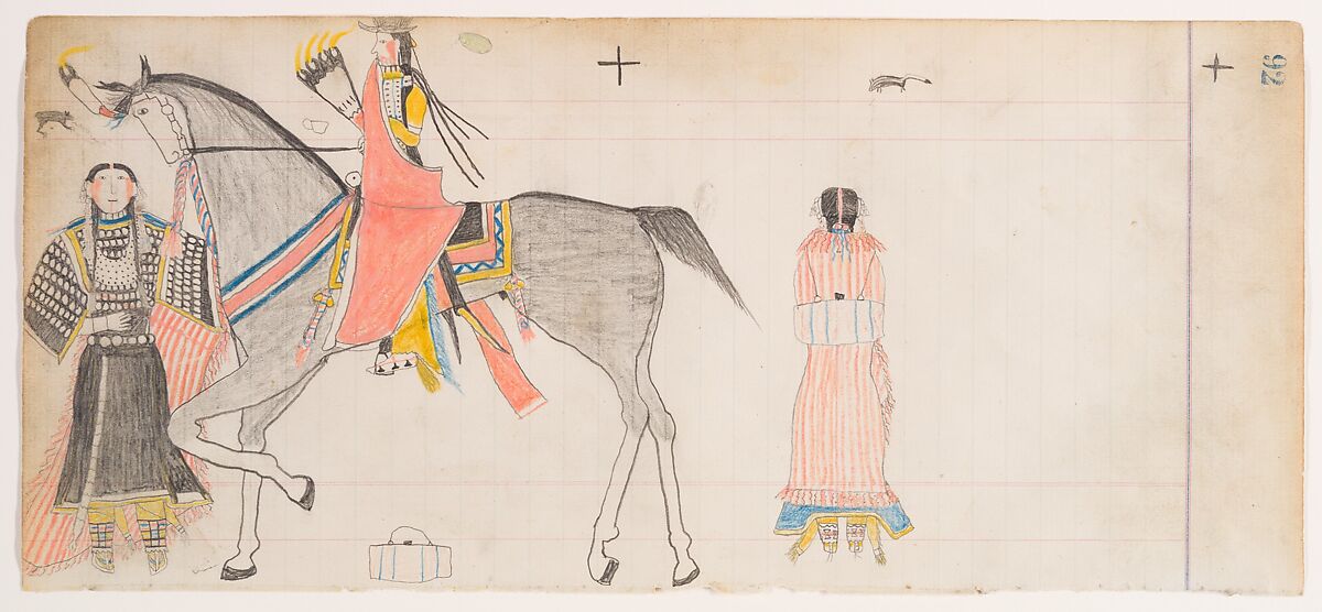 Man and Two Women (Henderson Ledger Artist B), Frank Henderson (Native American, Hinono&#39;eiteen (Arapaho), 1862–1885), Pencil, colored pencil, and ink on paper, Arapaho 