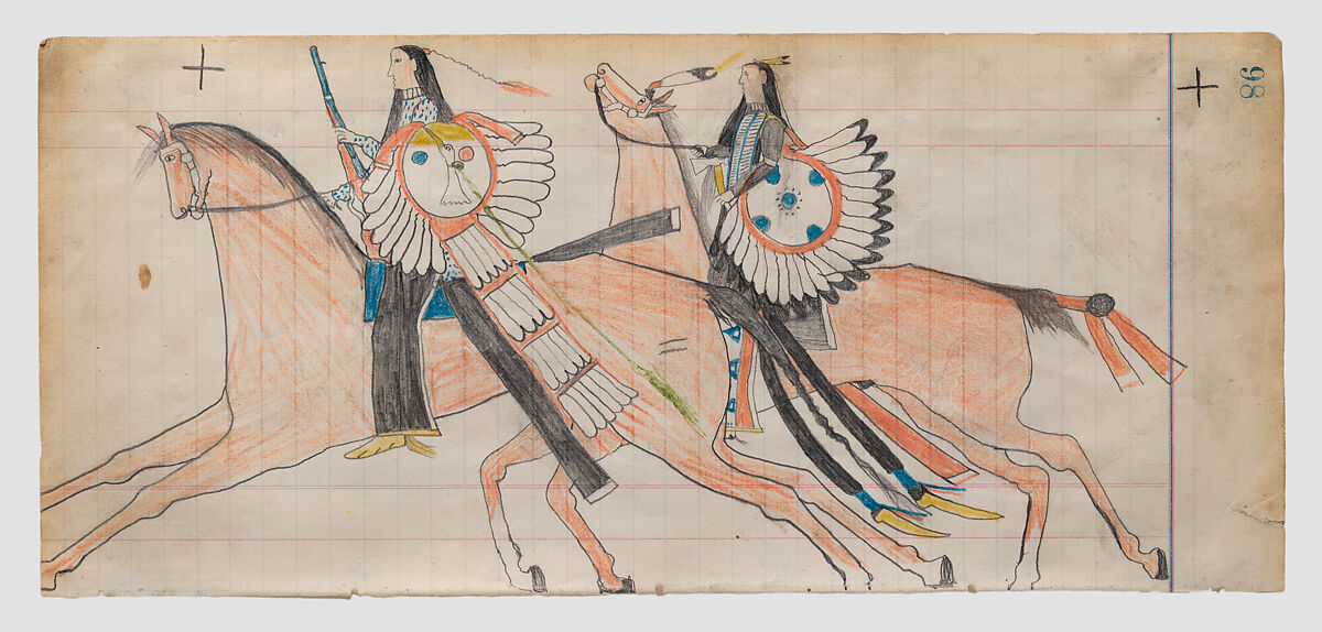 Off to War (Henderson Ledger Artist B), Frank Henderson (Native American, Hinono&#39;eiteen (Arapaho), 1862–1885), Pencil, colored pencil, and  ink on paper, Arapaho 