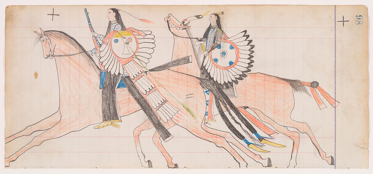 Off to War (Henderson Ledger Artist B), Frank Henderson (Native American, Hinono'eiteen (Arapaho), 1862–1885), Pencil, colored pencil, and  ink on paper, Arapaho