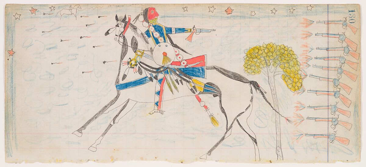 Night Skirmish (Henderson Ledger Artist A), Frank Henderson (Native American, Hinono&#39;eiteen (Arapaho), 1862–1885), Pencil, colored pencil on paper, Arapaho 