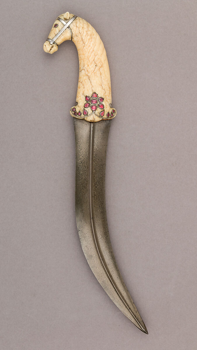 Dagger (Jambiya), Steel, ivory (walrus), silver, ruby, rose quartz, Indian, Mughal 