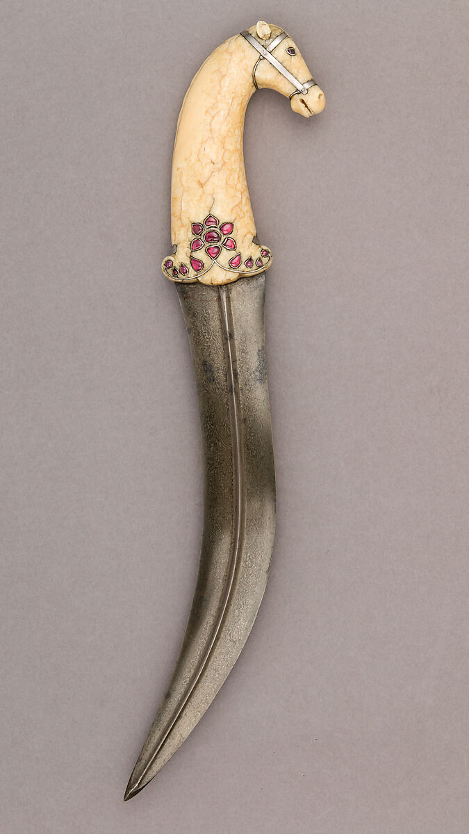 Dagger (Jambiya), Steel, ivory (walrus), silver, ruby, rose quartz, Indian, Mughal