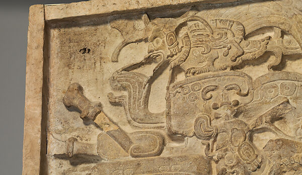 Portrait of, K'inich Yo'nal Ahk II, seated ruler receiving a noble (Stela 5), Maya artist(s), Limestone, paint, Maya