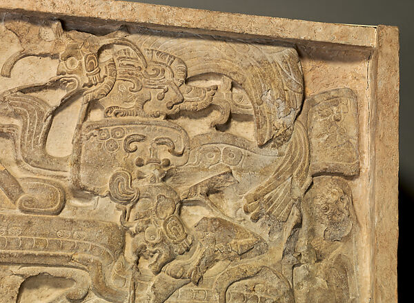 Portrait of, K'inich Yo'nal Ahk II, seated ruler receiving a noble (Stela 5), Maya artist(s), Limestone, paint, Maya