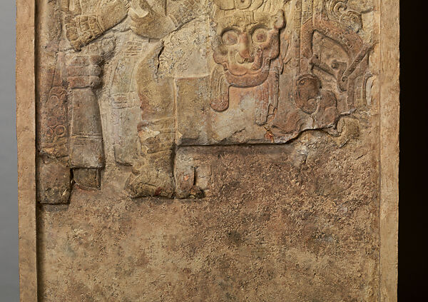 Portrait of, K'inich Yo'nal Ahk II, seated ruler receiving a noble (Stela 5), Maya artist(s), Limestone, paint, Maya