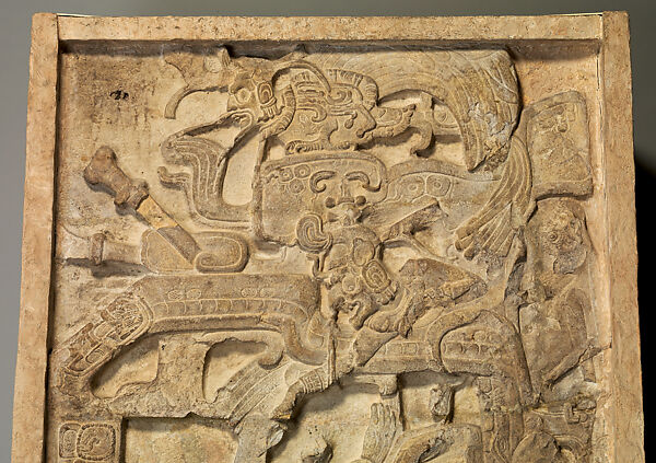 Portrait of, K'inich Yo'nal Ahk II, seated ruler receiving a noble (Stela 5), Maya artist(s), Limestone, paint, Maya