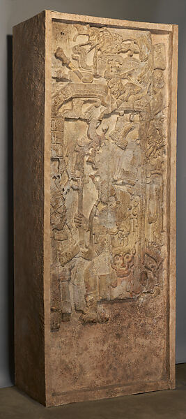 Portrait of, K'inich Yo'nal Ahk II, seated ruler receiving a noble (Stela 5), Maya artist(s), Limestone, paint, Maya