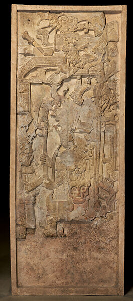 Portrait of, K'inich Yo'nal Ahk II, seated ruler receiving a noble (Stela 5), Maya artist(s), Limestone, paint, Maya