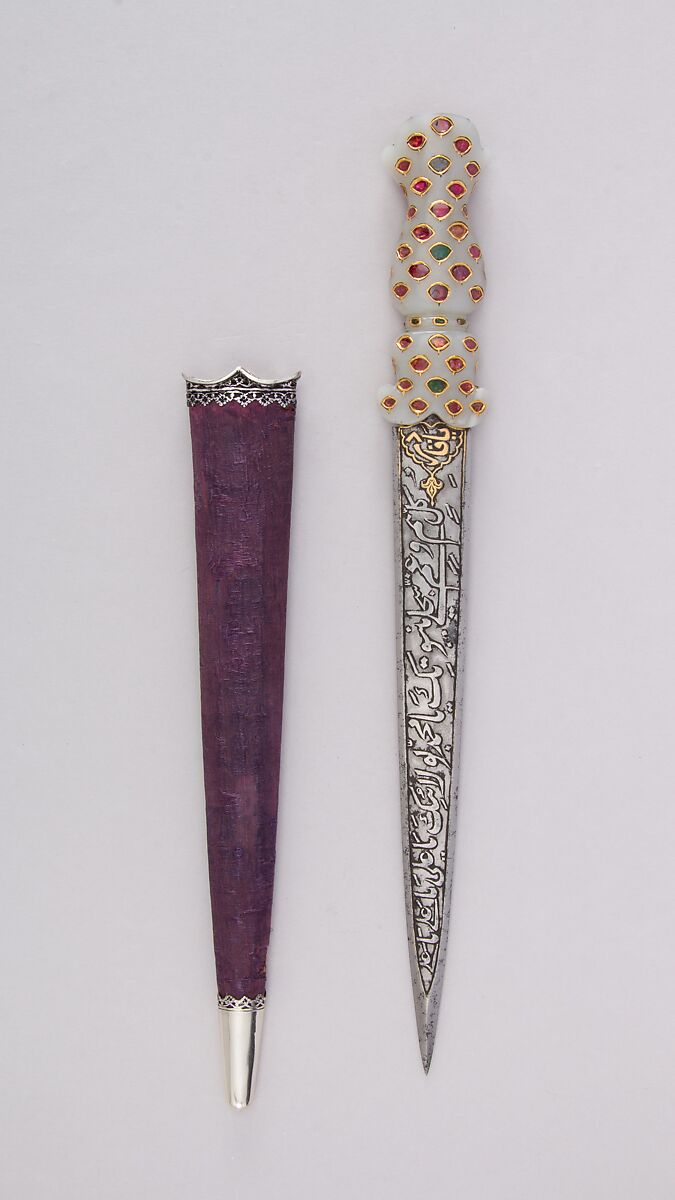 Dagger with Sheath, Steel, nephrite, gold, ruby, emerald, silver, wood, velvet, Indian, probably Deccan 