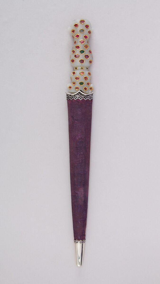 Dagger with Sheath, Steel, nephrite, gold, ruby, emerald, silver, wood, velvet, Indian, probably Deccan
