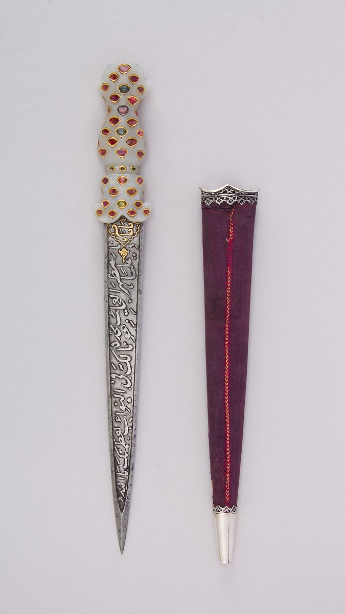 Dagger with Sheath, Steel, nephrite, gold, ruby, emerald, silver, wood, velvet, Indian, probably Deccan