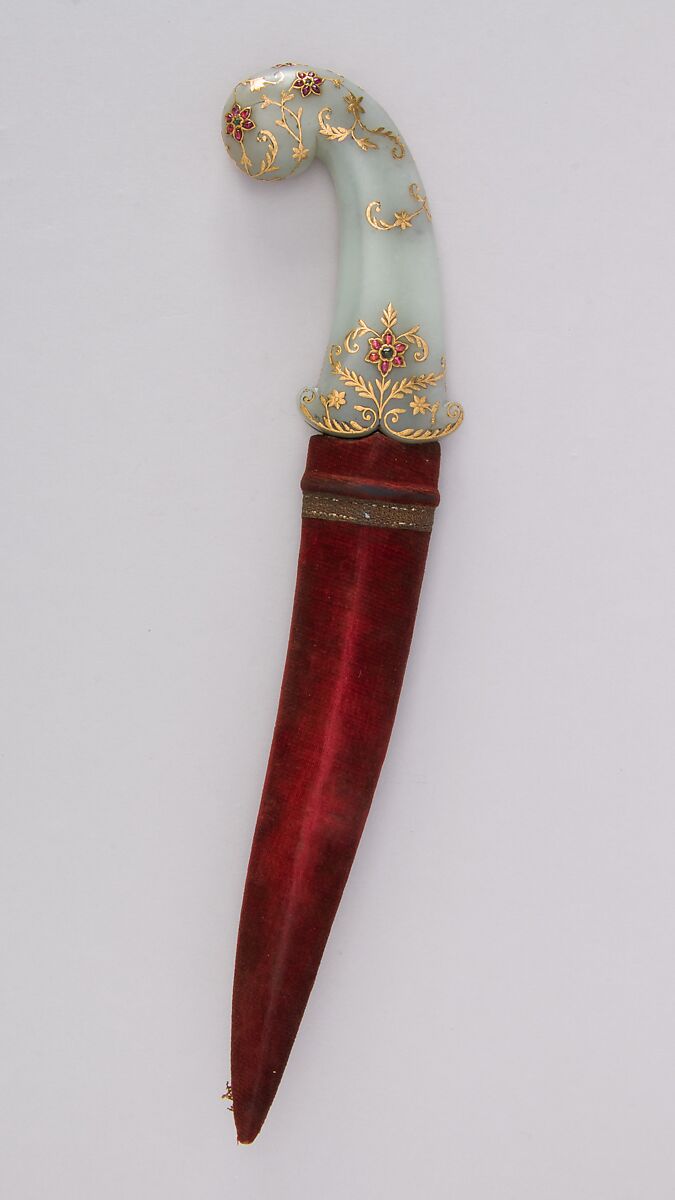 Dagger (Khanjar) with Sheath, Steel, nephrite, gold, emerald, ruby, wood, velvet, Indian, possibly Lucknow