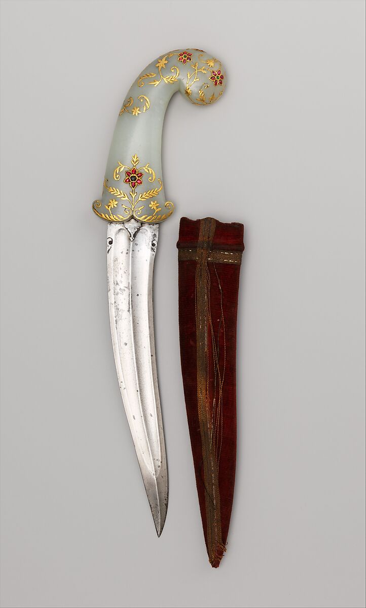 Dagger (Khanjar) with Sheath, Steel, nephrite, gold, emerald, ruby, wood, velvet, Indian, possibly Lucknow