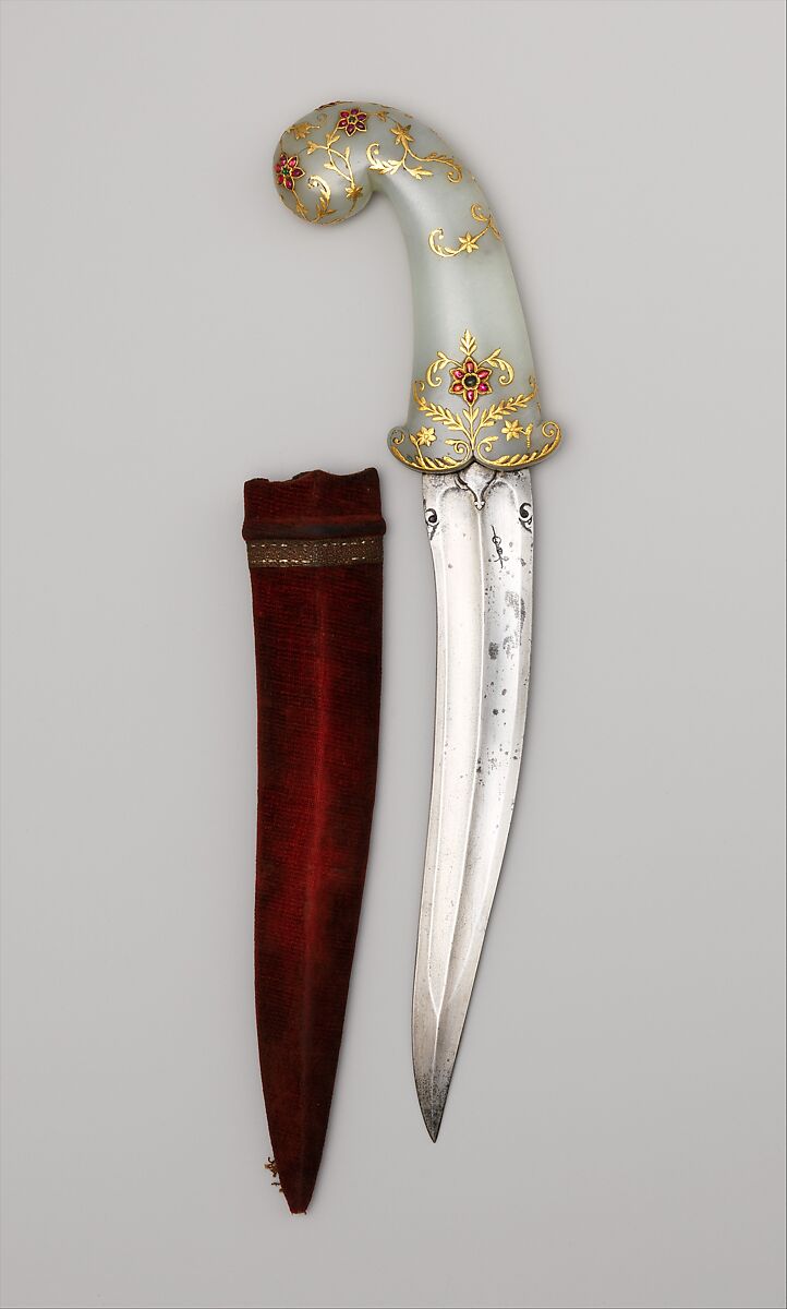 Dagger (Khanjar) with Sheath, Steel, nephrite, gold, emerald, ruby, wood, velvet, Indian, possibly Lucknow 