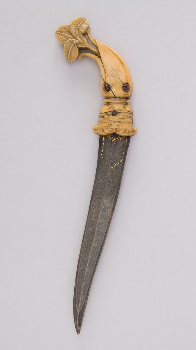 Dagger (Khanjar), Steel, ivory (elephant), gemstone, gold, Indian, Mughal 