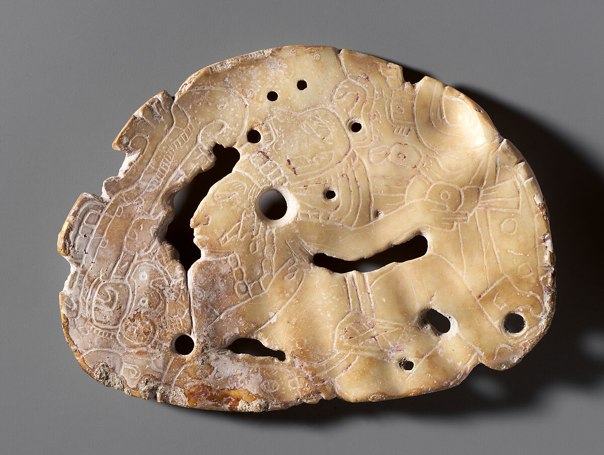 Pendant with Figure and Double-Headed Crocodilian, Shell, Maya 