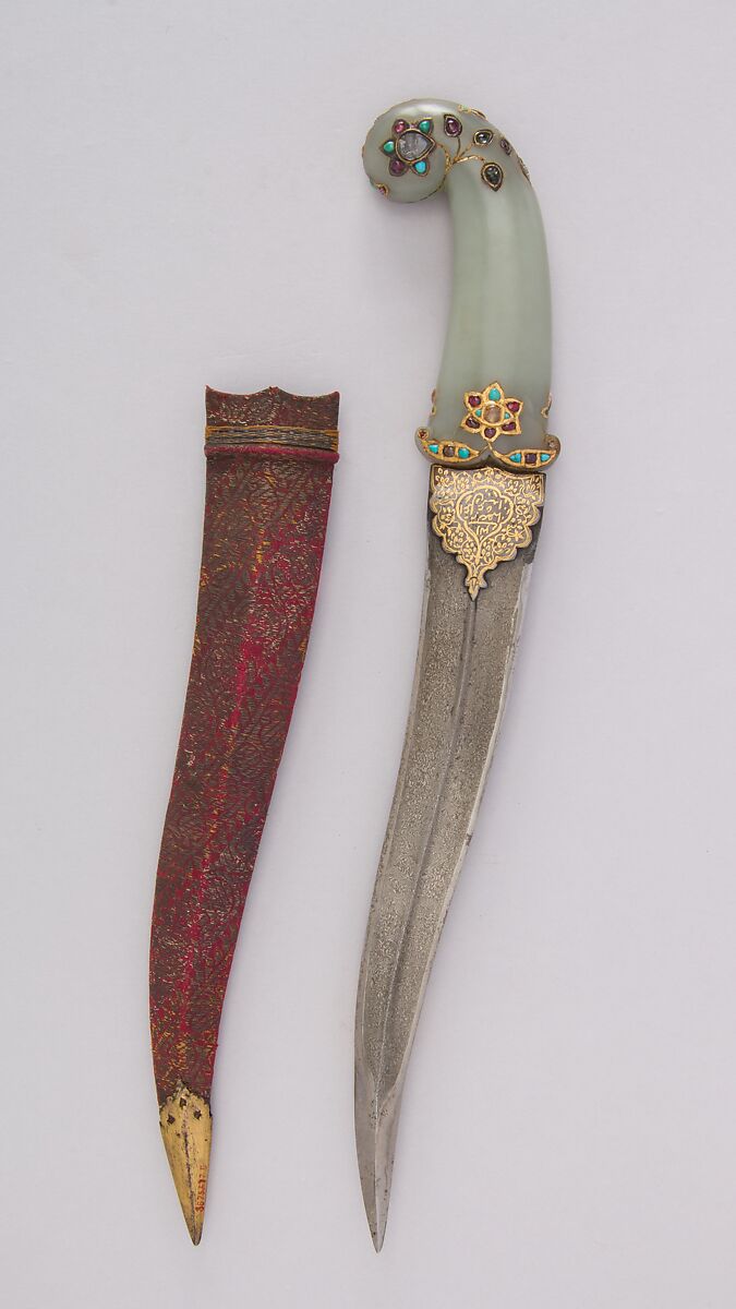 Dagger (Khanjar) with Sheath, Steel, jade, gold, turquoise, crystal, garnet, ruby, gemstone silk, silver, copper, Indian, Mughal or Deccan 