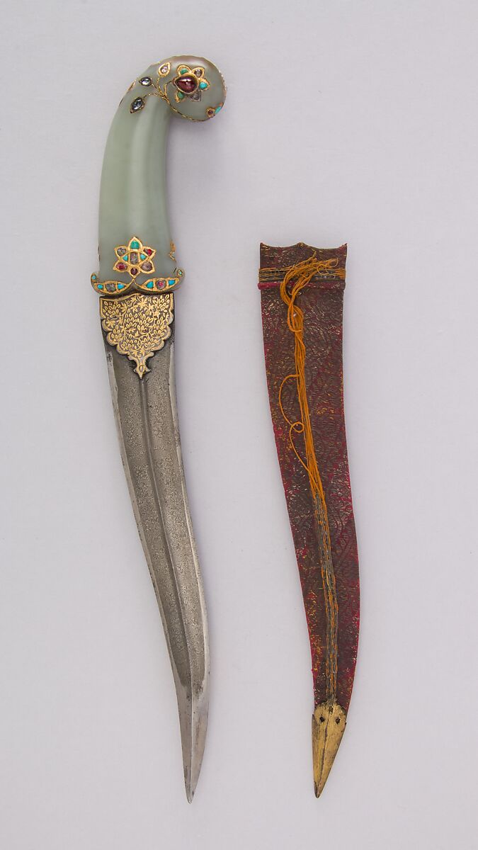 Dagger (Khanjar) with Sheath, Steel, jade, gold, turquoise, crystal, garnet, ruby, gemstone silk, silver, copper, Indian, Mughal or Deccan