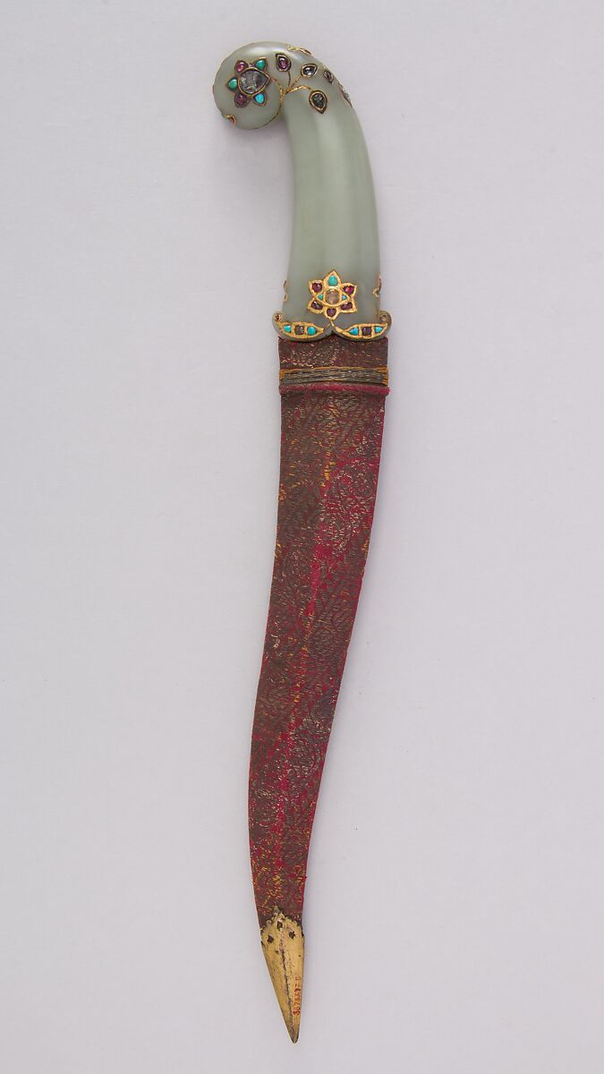 Dagger (Khanjar) with Sheath, Steel, jade, gold, turquoise, crystal, garnet, ruby, gemstone silk, silver, copper, Indian, Mughal or Deccan
