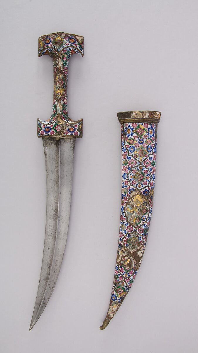Dagger (Jambiya) with Sheath, Steel, copper, enamel, garnet, turquoise, Persian, Qajar