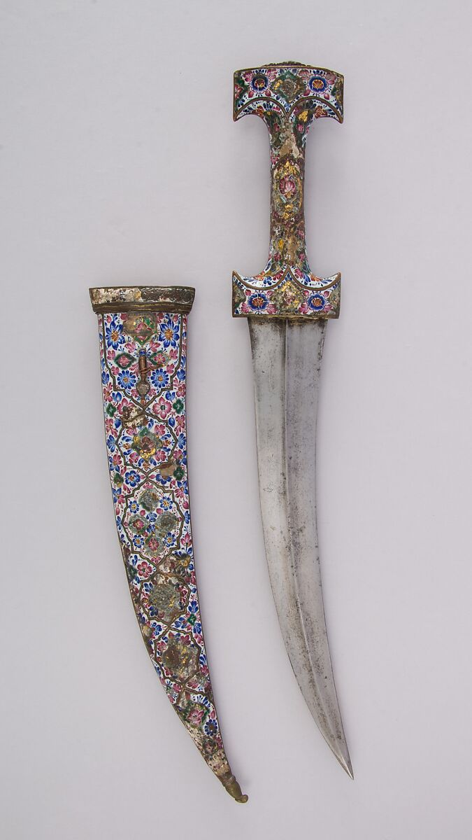 Dagger (Jambiya) with Sheath, Steel, copper, enamel, garnet, turquoise, Persian, Qajar 