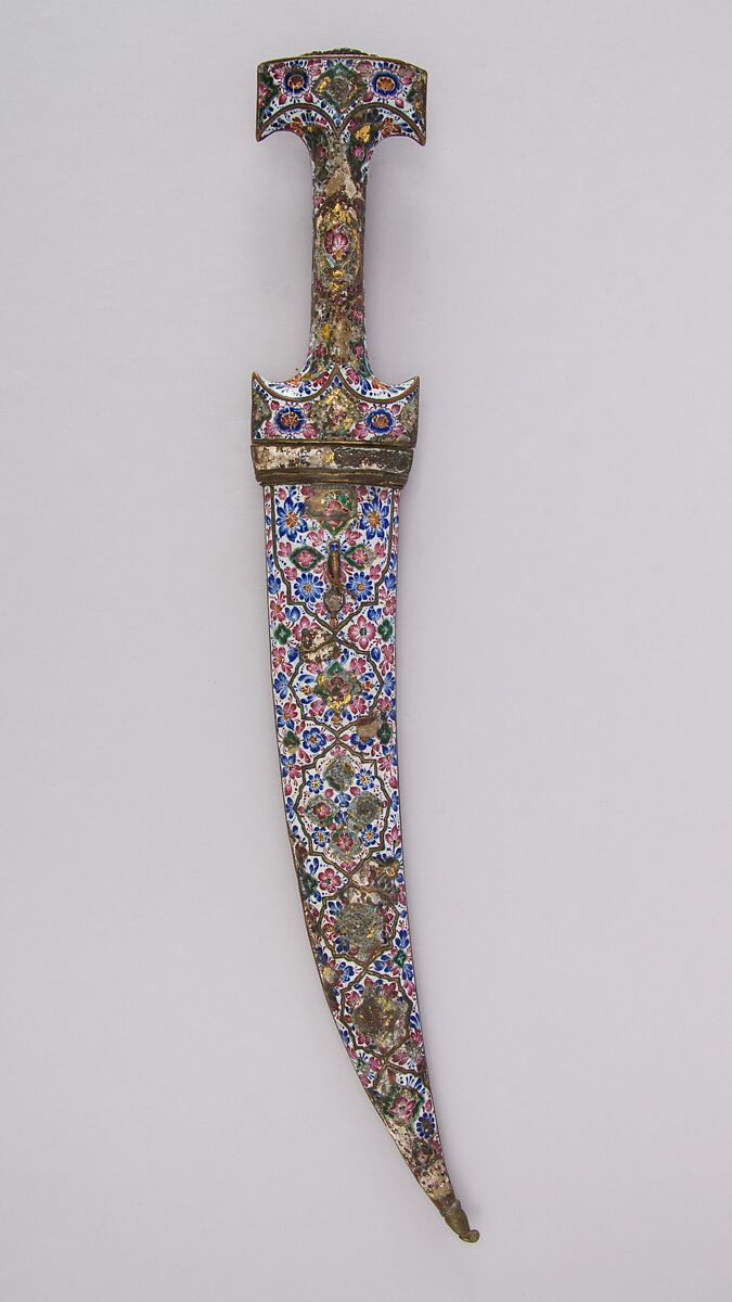 Dagger (Jambiya) with Sheath, Steel, copper, enamel, garnet, turquoise, Persian, Qajar