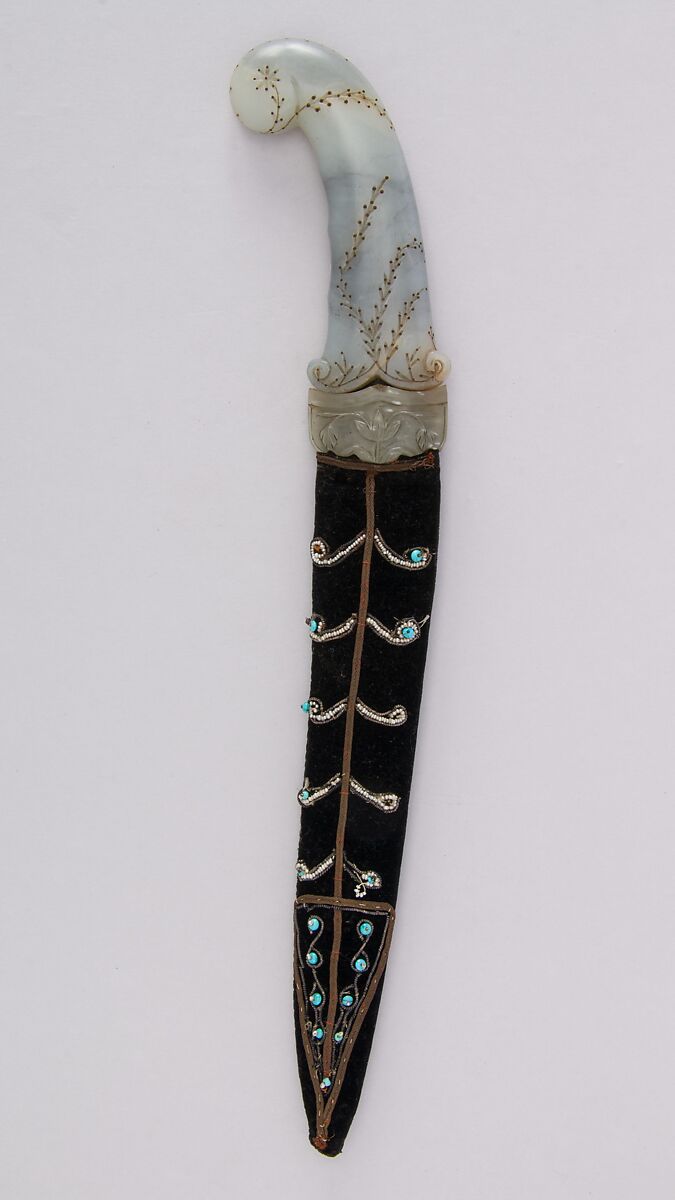 Dagger (Khanjar) with Sheath, Steel, jade, gold, velvet, pearl, turquoise, wood, Indian, Mughal