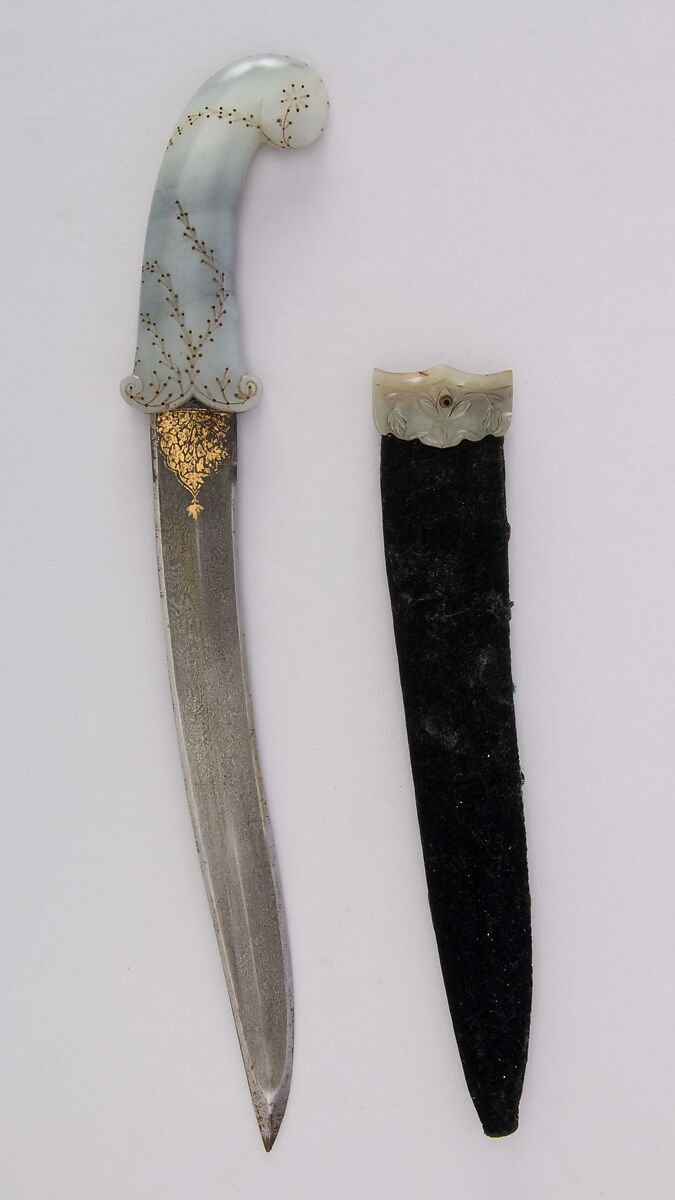 Dagger (Khanjar) with Sheath, Steel, jade, gold, velvet, pearl, turquoise, wood, Indian, Mughal