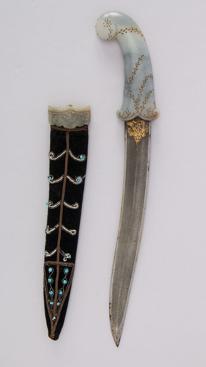 Dagger (Khanjar) with Sheath, Steel, jade, gold, velvet, pearl, turquoise, wood, Indian, Mughal 