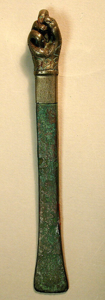 Spatula with fist finial, Copper, arsenical copper, Moche 