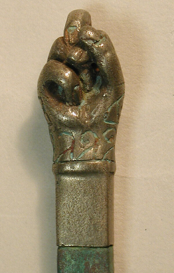 Spatula with fist finial, Copper, arsenical copper, Moche