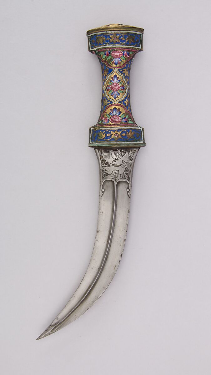Dagger (Jambiya), Steel, copper, enamel, gold, Persian, Qajar