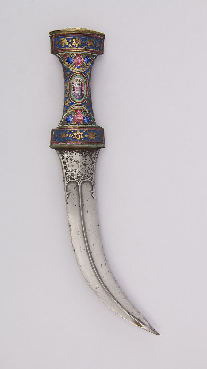 Dagger (Jambiya), Steel, copper, enamel, gold, Persian, Qajar 