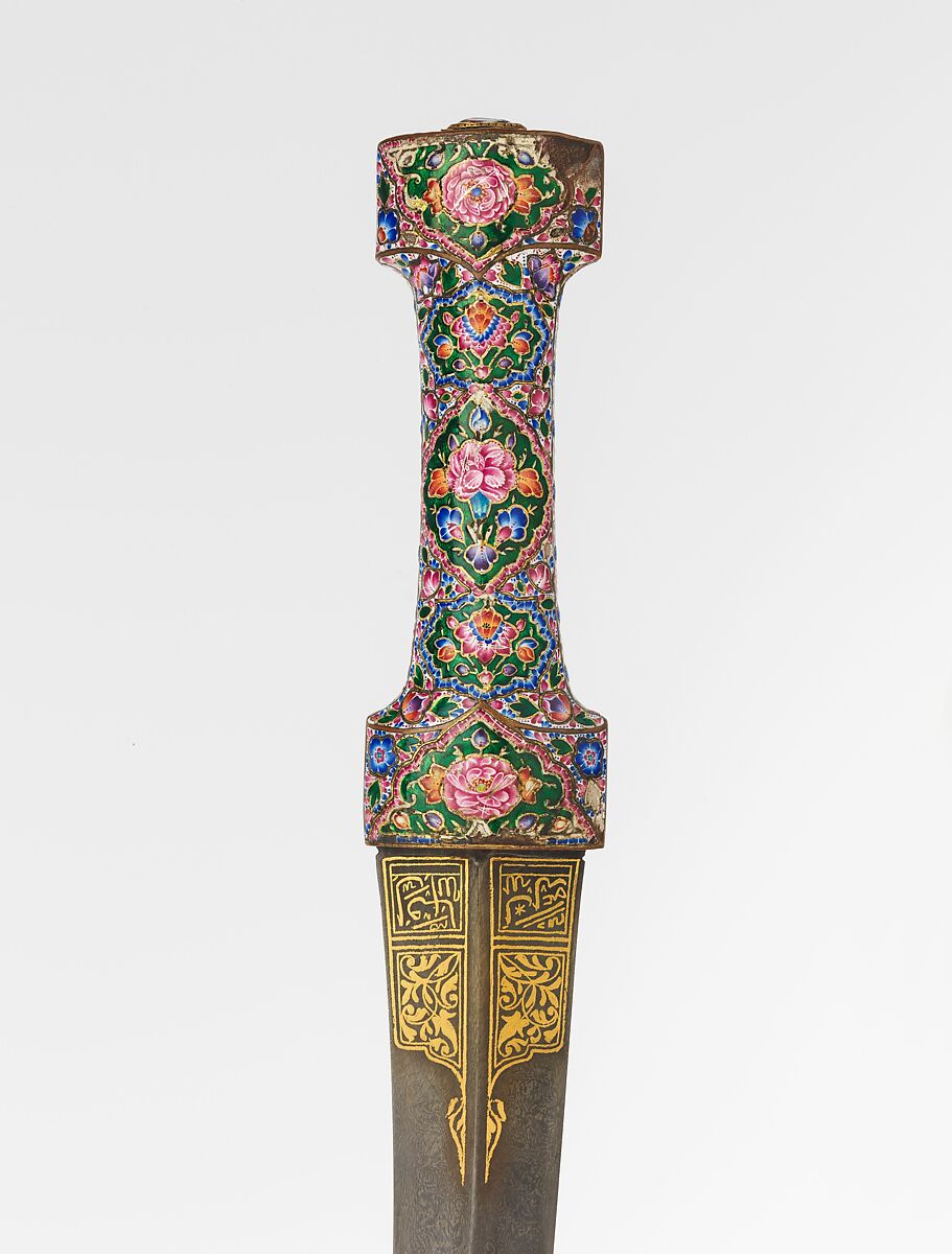 Dagger with Sheath, Steel, copper alloy, enamel, gold, glass, Iranian
