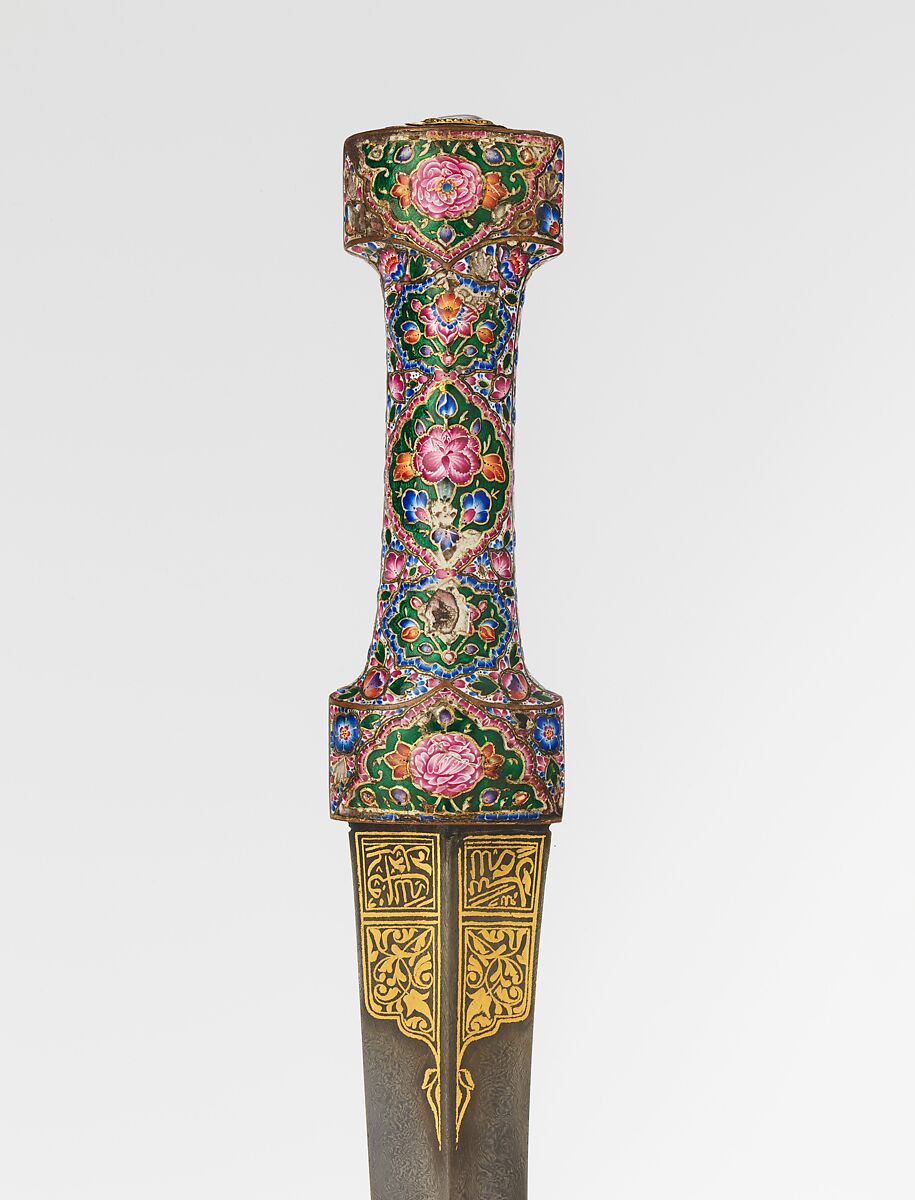 Dagger with Sheath, Steel, copper alloy, enamel, gold, glass, Iranian