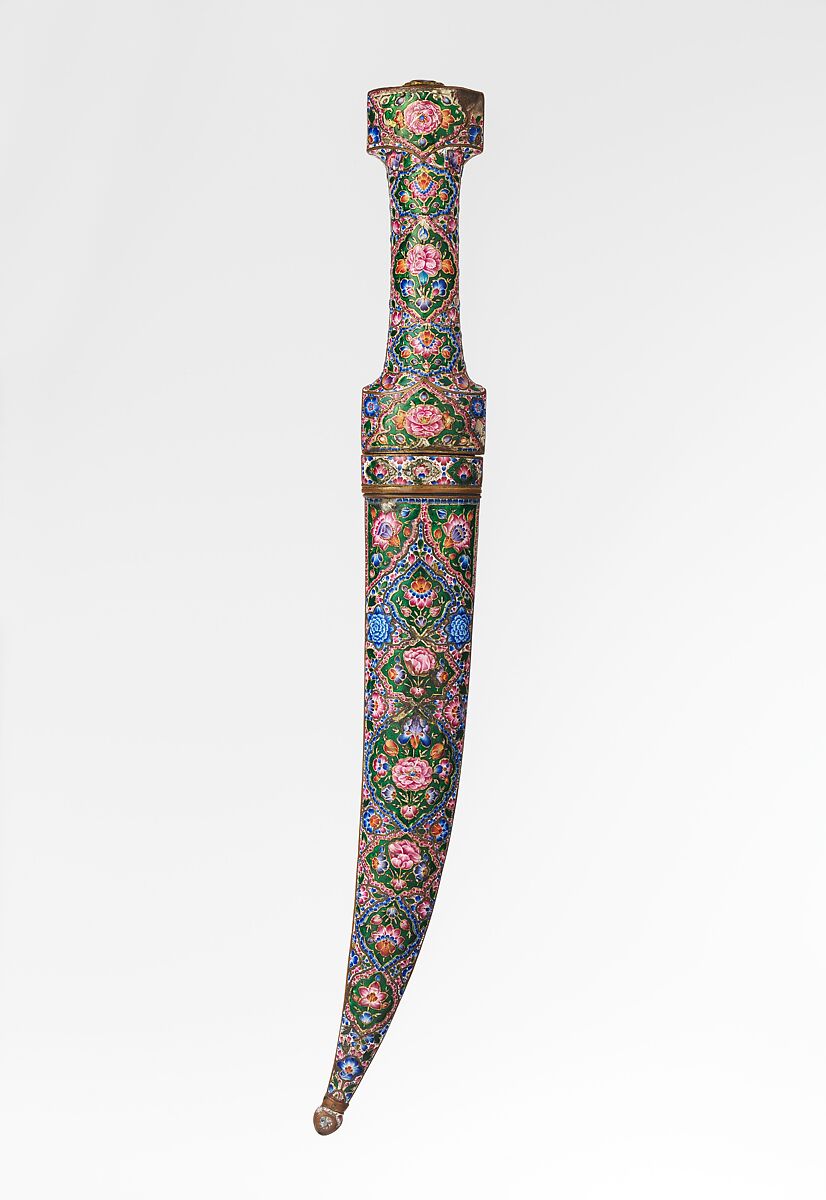 Dagger with Sheath, Steel, copper alloy, enamel, gold, glass, Iranian