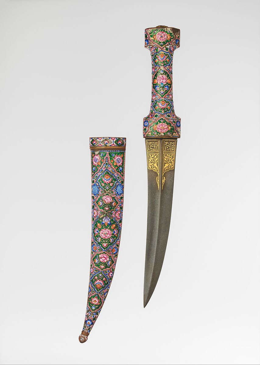 Dagger with Sheath, Steel, copper alloy, enamel, gold, glass, Iranian 